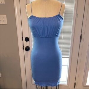 Blue Bodycon Mini Dress Spaghetti Strap Ruched Y2K Club Date Night S